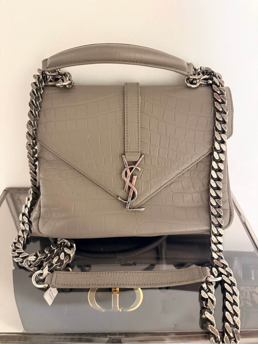 Yves Saint Laurent Taupe Croc-Embossed Leather Satchel with Silver Hardware
